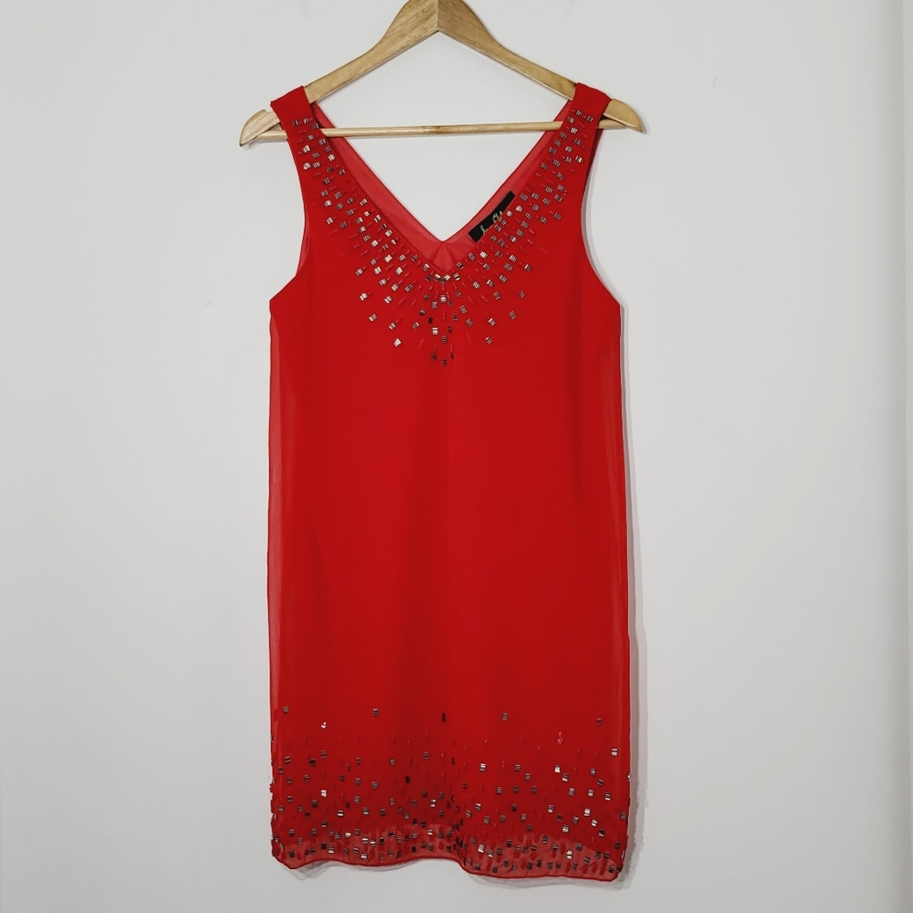 Sam Edelman NEW Red Shift Cocktail V-Neckline Beaded Sequine Sleeveless Dress XS